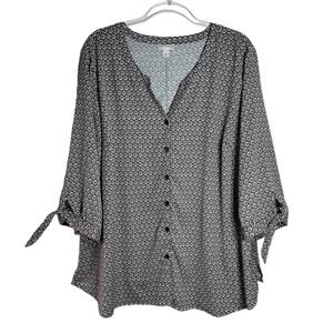 Catherines Womens 2X Black White Geometric Print 3/4 Tie Sleeve Button Front Top